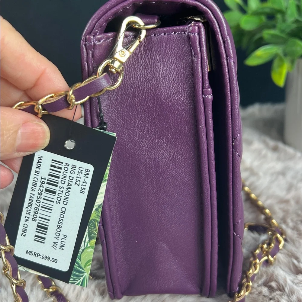 NWT Badgley Mischka Plum Quilted Vegan Leather Crossbody Bag w Chain Strap_3